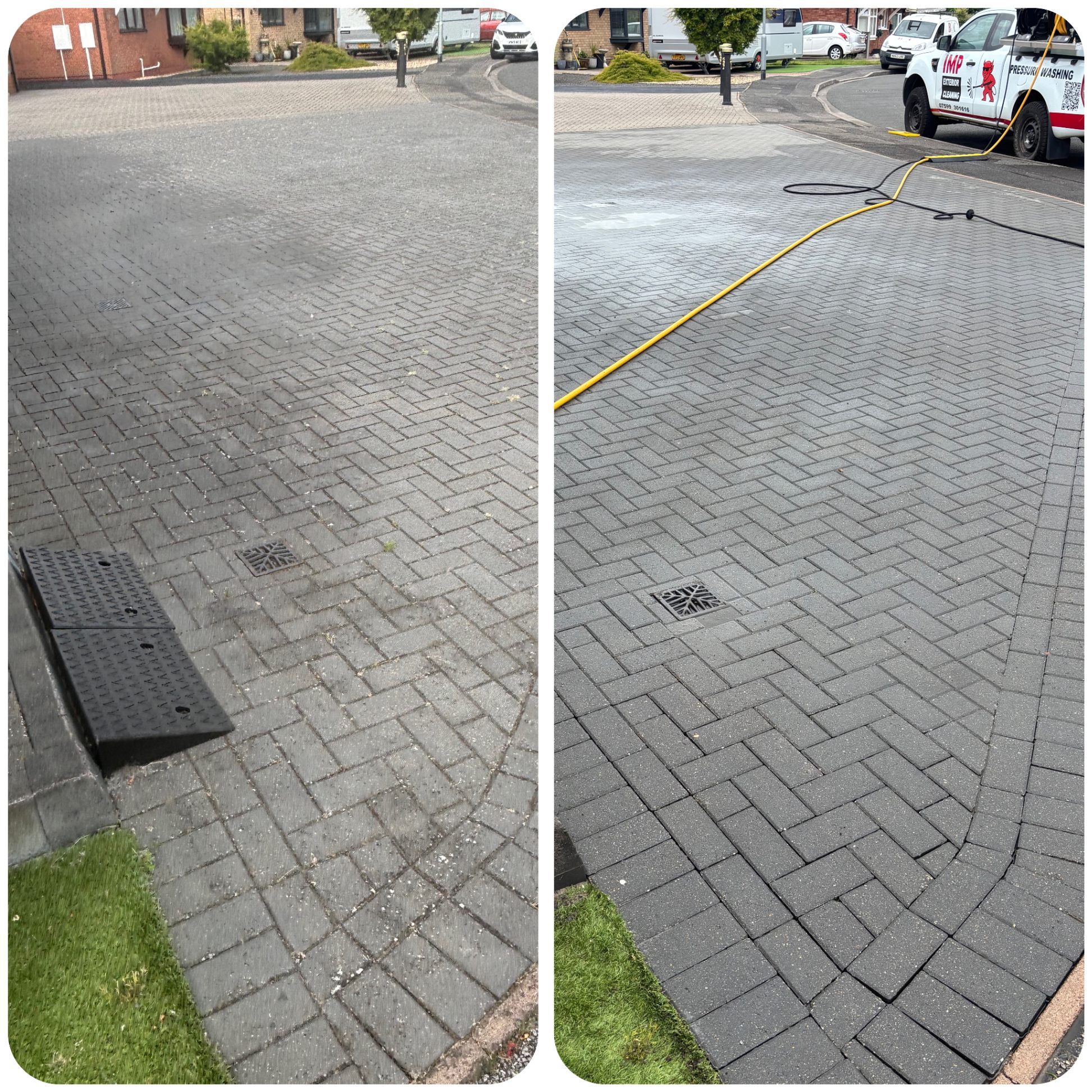 Block paving driveway before and after pressure washing in Lincoln — wide shot showing full transformation